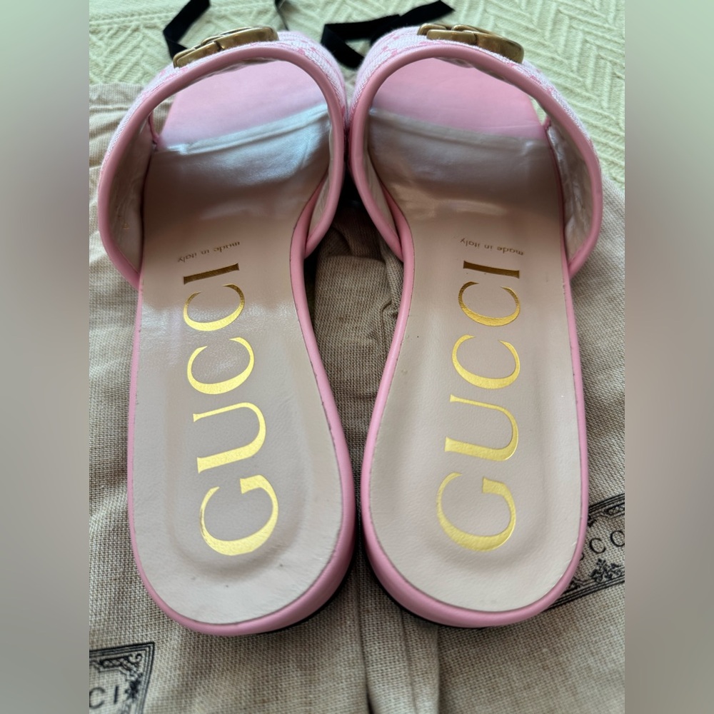 Gucci Pink GG Canvas Slide Sandals with Gold Double G Accent - Picture 14 of 15